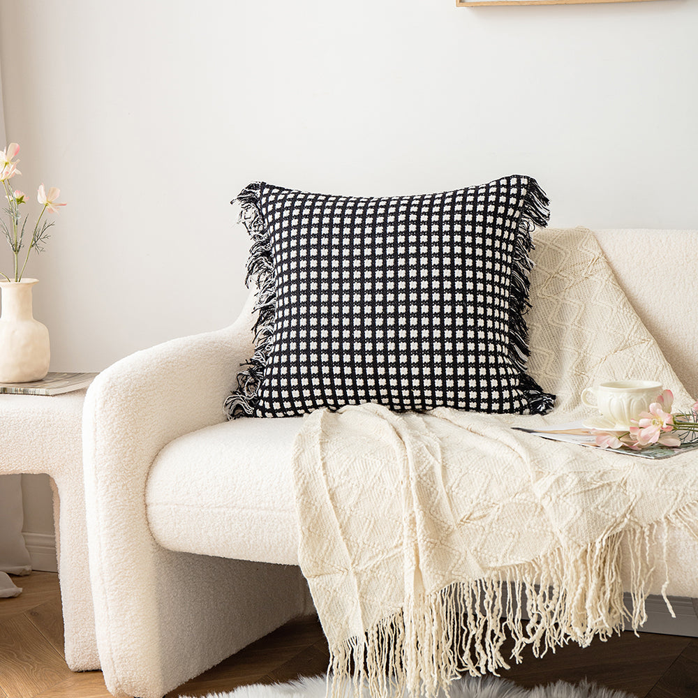 Polyester and Cotton Plaid Fringe Tufted Throw Pillowcases - Black and White Checkered Raw Edge