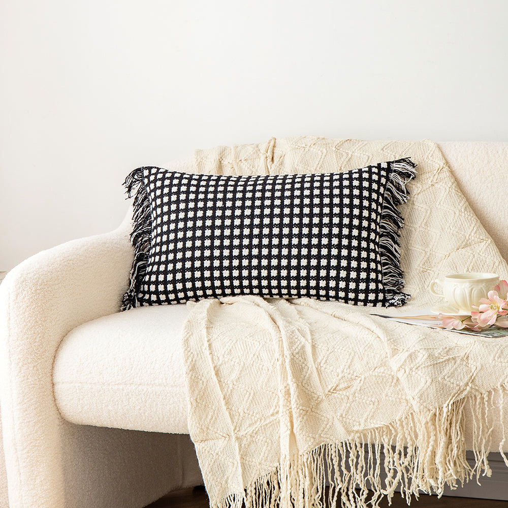 Polyester and Cotton Plaid Fringe Tufted Throw Pillowcases - Black and White Checkered Raw Edge