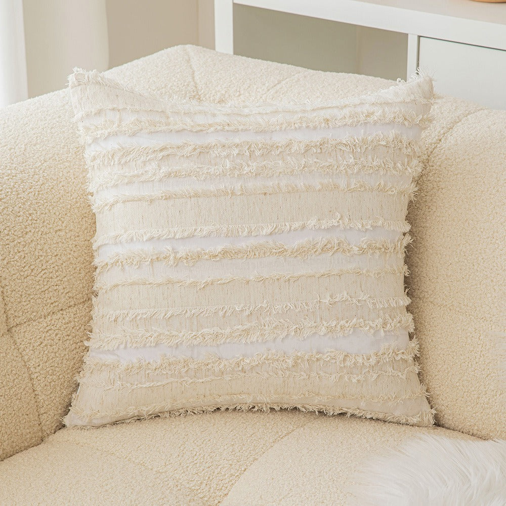 Polyester and Cotton Plaid Fringe Tufted Throw Pillowcases - Beige Cutout