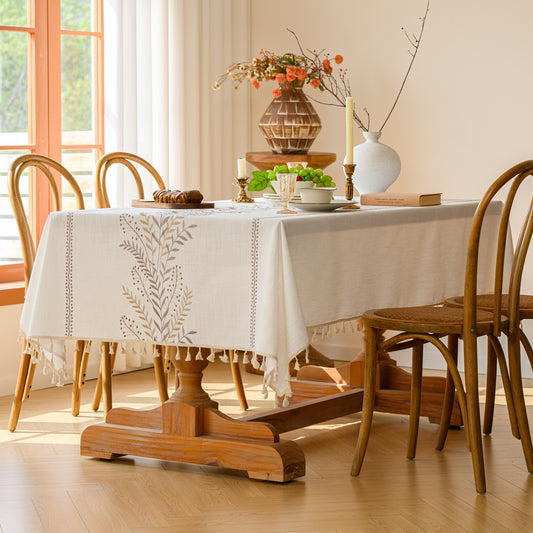 Polyester Gray Wheat Ear Embroidery Tablecloth with Tassels