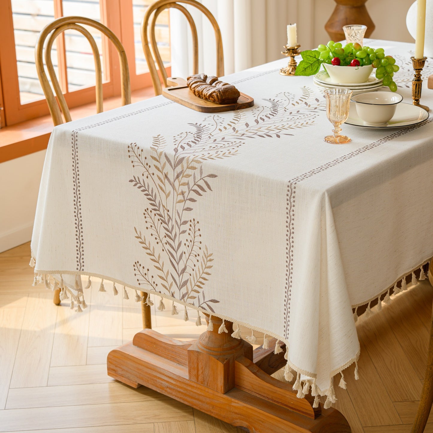 Polyester Gray Wheat Ear Embroidery Tablecloth with Tassels