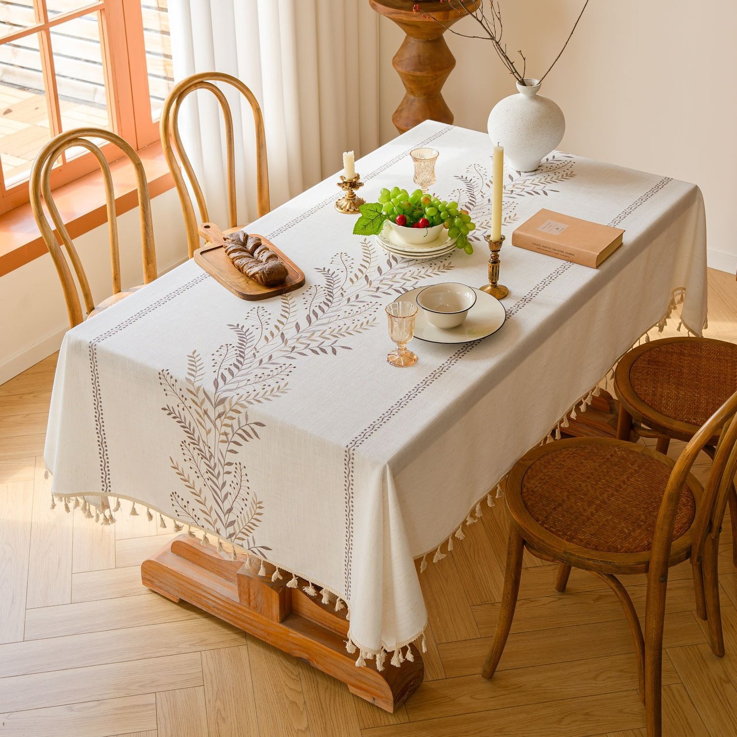 Polyester Gray Wheat Ear Embroidery Tablecloth with Tassels