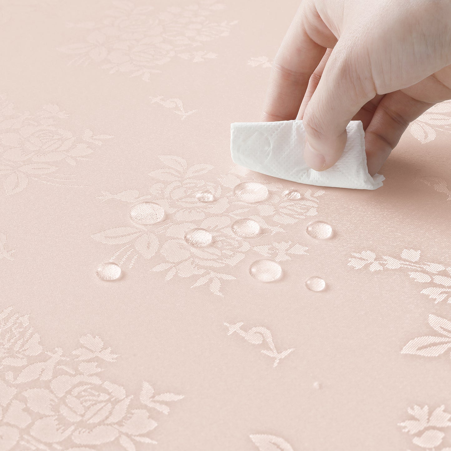 Polyester Jacquard Waterproof Elegant Damask Rose Floral Pattern Tablecloth in Light Pink