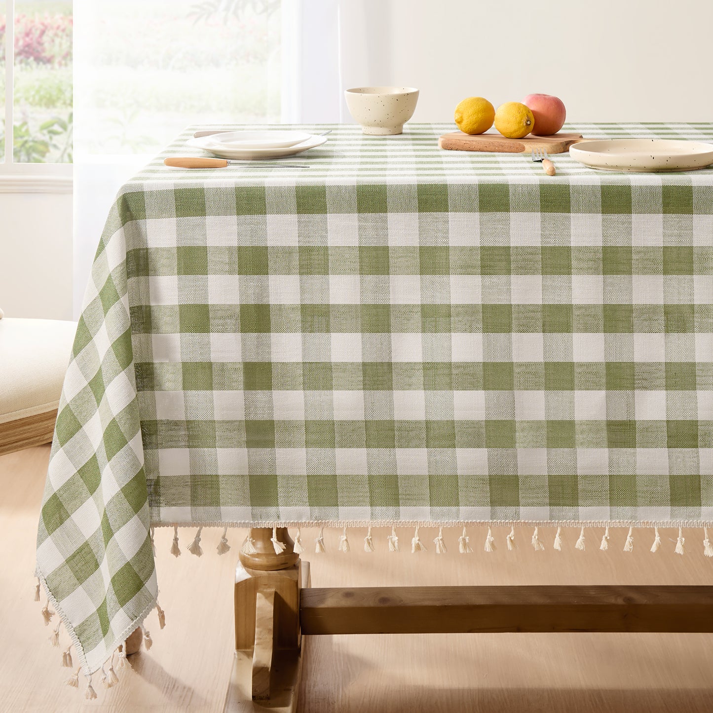 Wrinkle-Resistant Cotton Blend Classic Gingham Tablecloth with Tassels in Sage