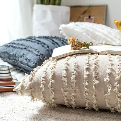 Polyester and Cotton Plaid Fringe Tufted Throw Pillowcases - Beige Cutout