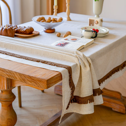 White Polyester Linen Tablecloth with Brown Tassel Lace