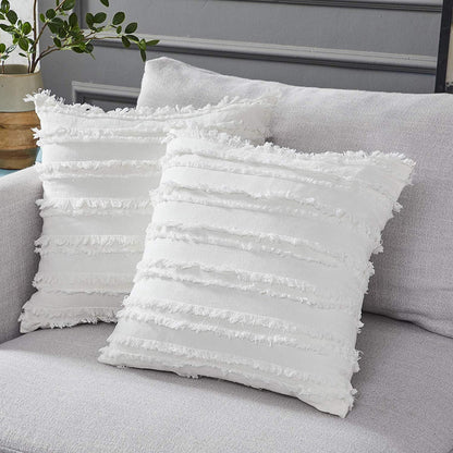 Polyester and Cotton Plaid Fringe Tufted Throw Pillowcases - White Cutout