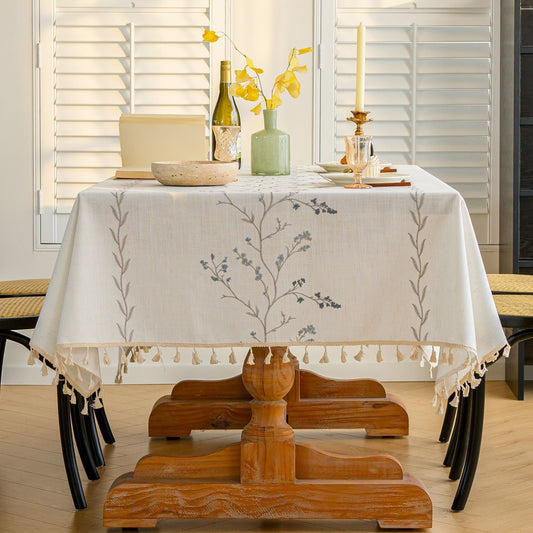 Cotton-Linen Embroidered Grey-blue Floral Tablecloth
