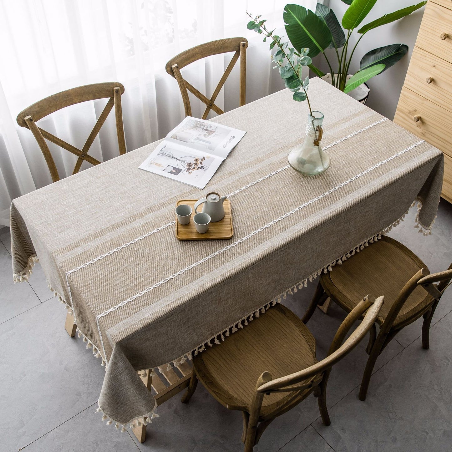 Cotton-Linen Blend Asymmetric Double Embroidery Striped Tablecloth in Coffee Brown