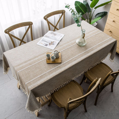 Cotton-Linen Blend Asymmetric Double Embroidery Striped Tablecloth in Coffee Brown