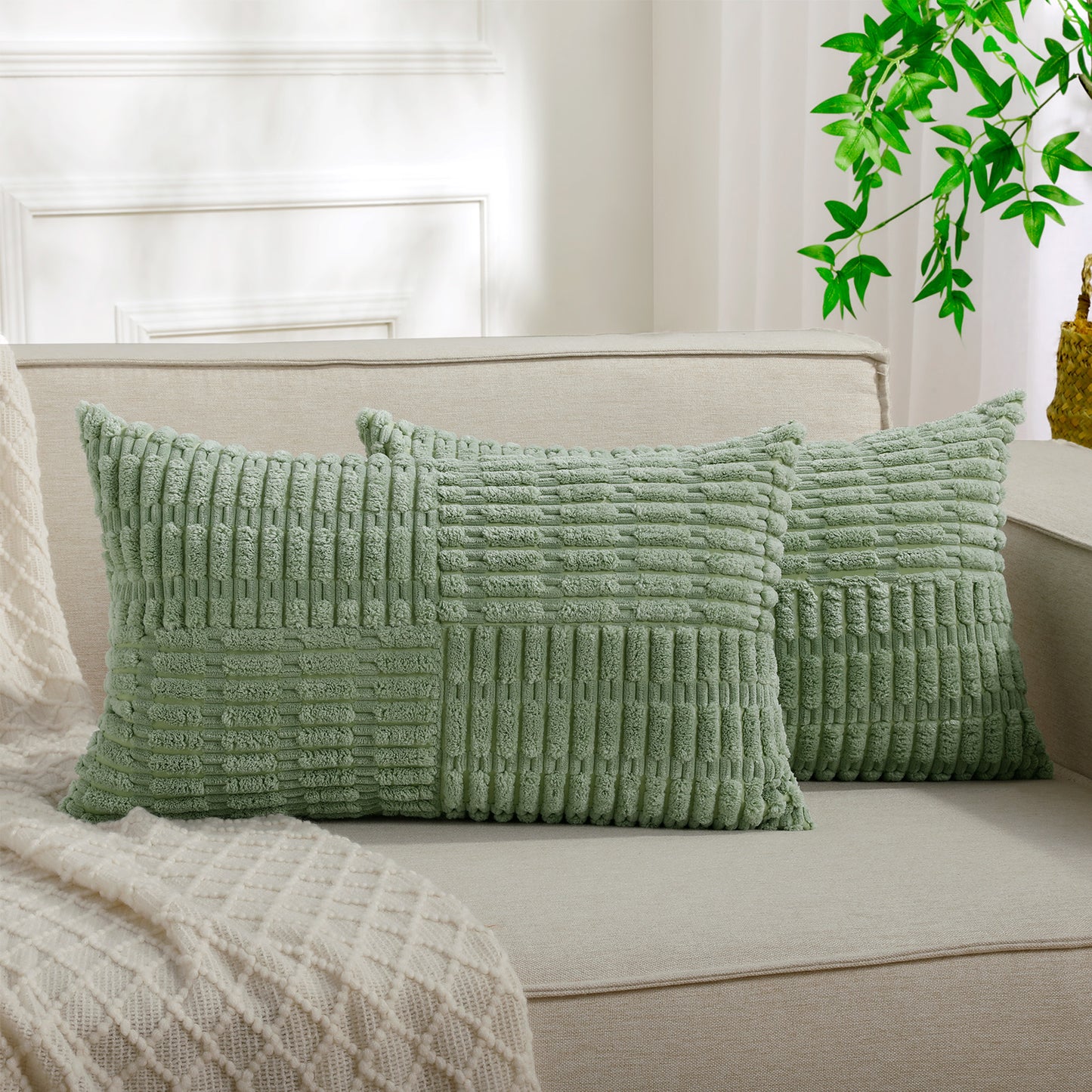 Soft Corduroy Puffy Irregularly Stripe Pattern Pillowcases in Green