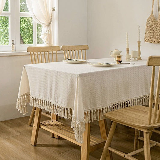 Cotton-linen tablecloth with tassels in Beige