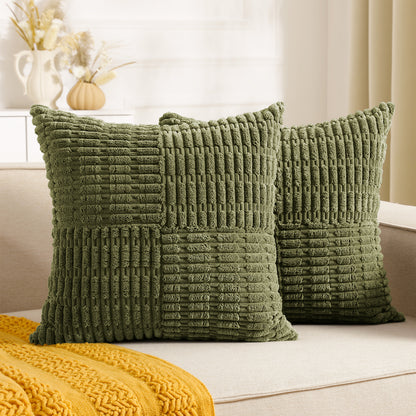 Soft Corduroy Puffy Irregularly Stripe Pattern Pillowcases in Olive-green