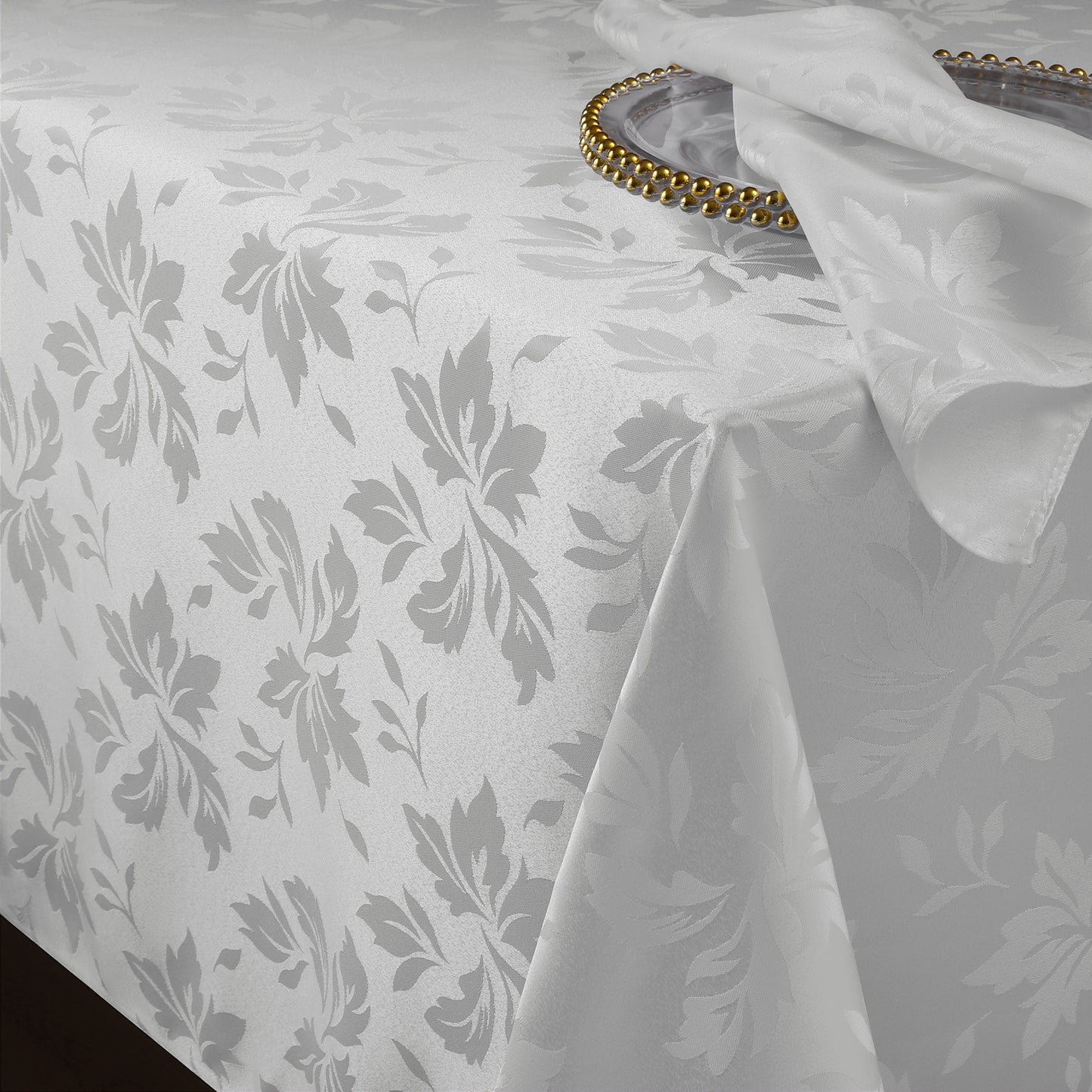 Polyester Jacquard Waterproof Damask Floral Pattern Tablecloth in White