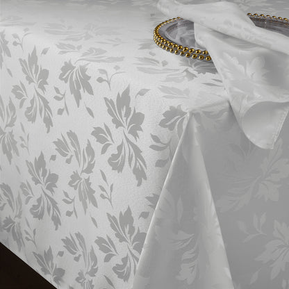Polyester Jacquard Waterproof Damask Floral Pattern Tablecloth in White