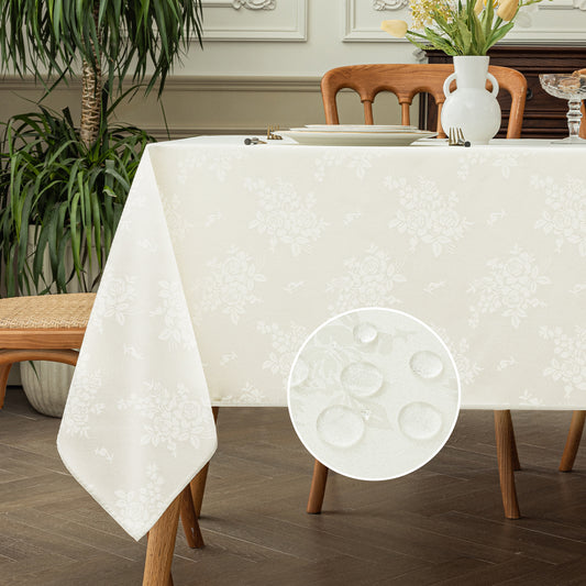 Polyester Jacquard Waterproof Elegant Damask Rose Floral Pattern Tablecloth in Ivory