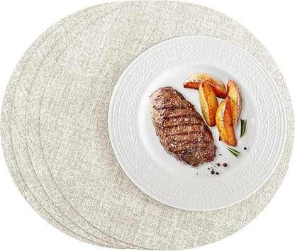 Polyurethane Linen-textured 100% Waterproof Oil-Proof Wipeable Heat Resistant Round Placemats Set in Beige