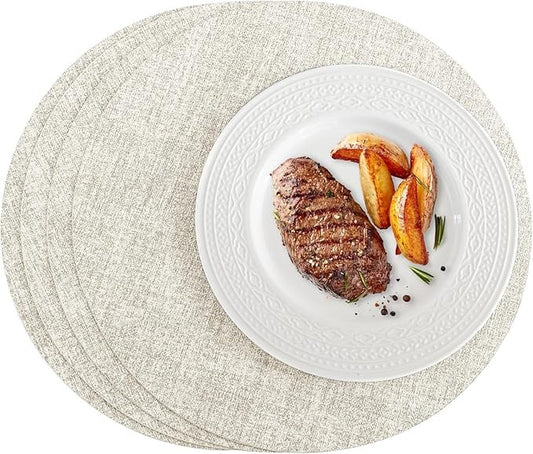 Polyurethane Linen-textured 100% Waterproof Oil-Proof Wipeable Heat Resistant Round Placemats Set in Beige