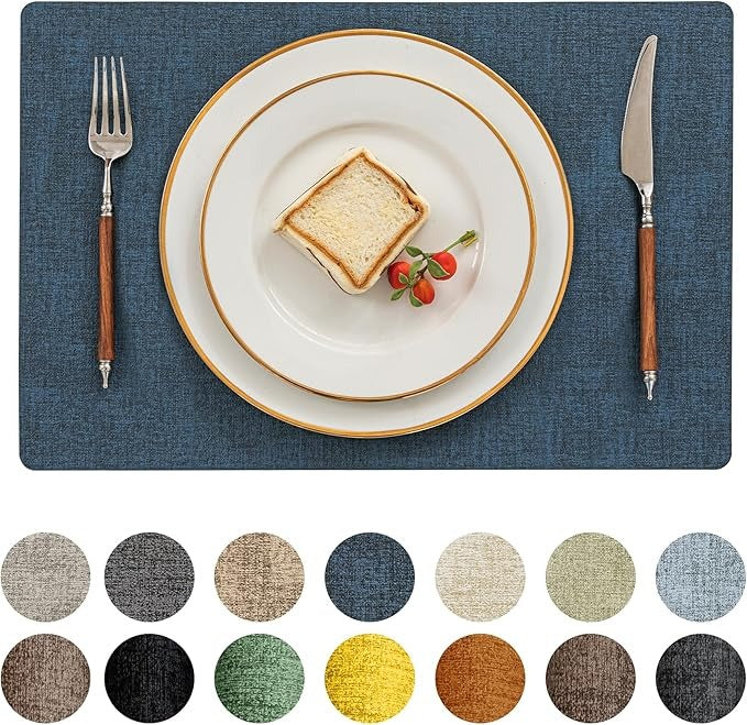 Polyurethane Linen-textured 100% Waterproof Oil-Proof Wipeable Heat Resistant Placemats Set in Navy Blue