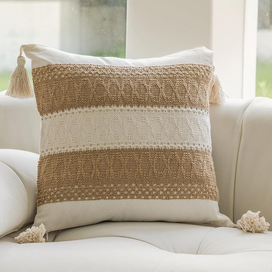 Bohemian neutral double striped pillowcases with tassels