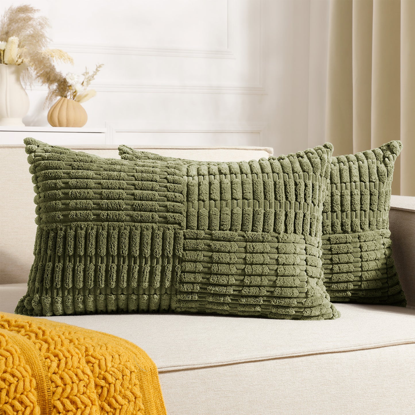 Soft Corduroy Puffy Irregularly Stripe Pattern Pillowcases in Olive-green