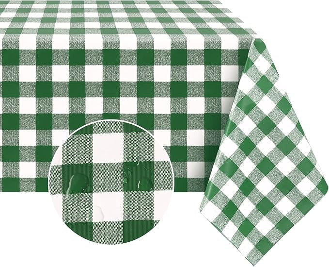 PVC Waterproof and Oil Resistant Plaid Tablecloth in Olive-Green