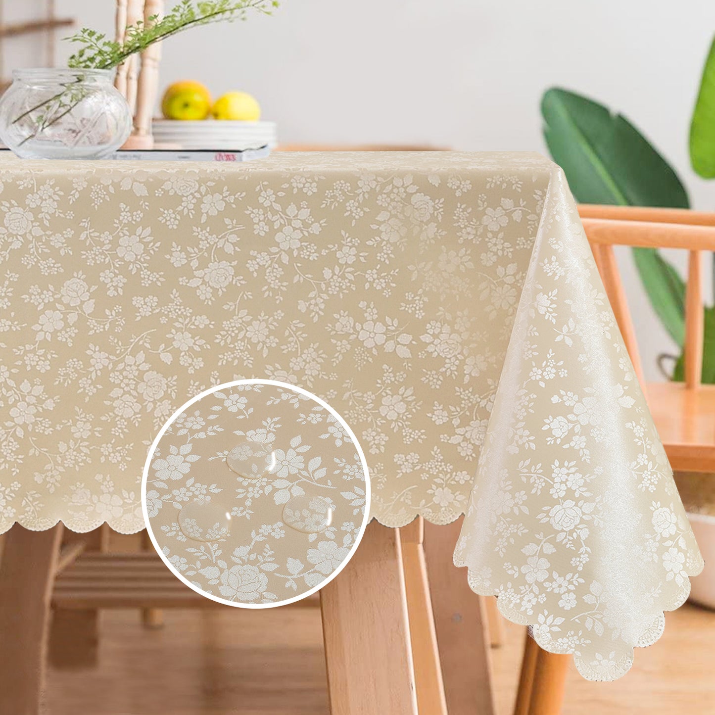 Polyurethane 100% Waterproof and Oil Resistant Chequered Tablecloth in Beige