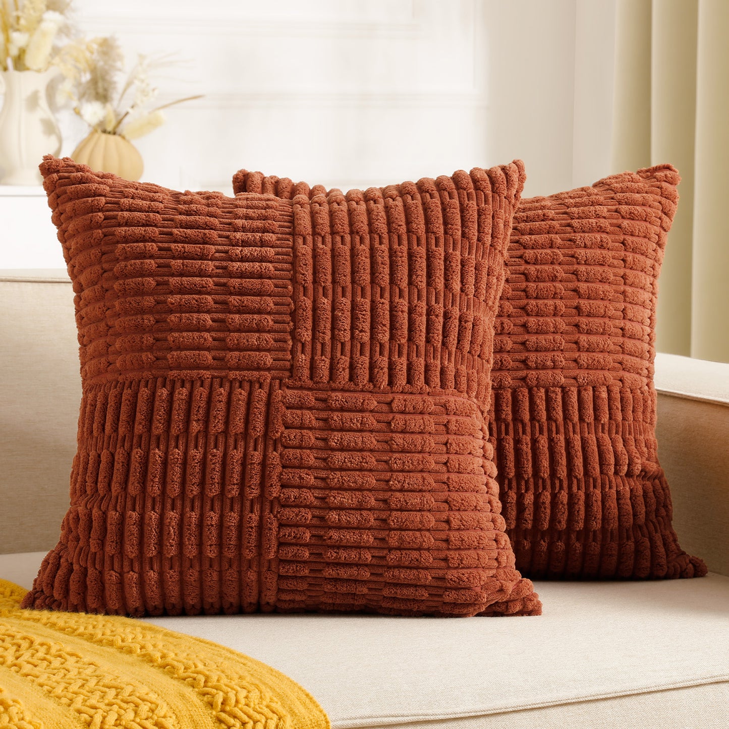 Soft Corduroy Puffy Irregularly Stripe Pattern Pillowcases in Rust