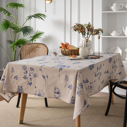 Cotton and linen blue rose sketch print tablecloth