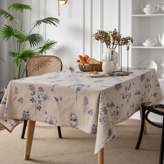 Cotton and linen blue rose sketch print tablecloth