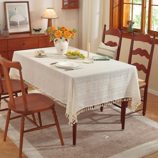 Polyester linen blend multi-strand tassel tablecloth