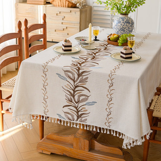 Polyester-Cotton Blend Embroidered Coffee Brown Banana Leaf Tablecloth