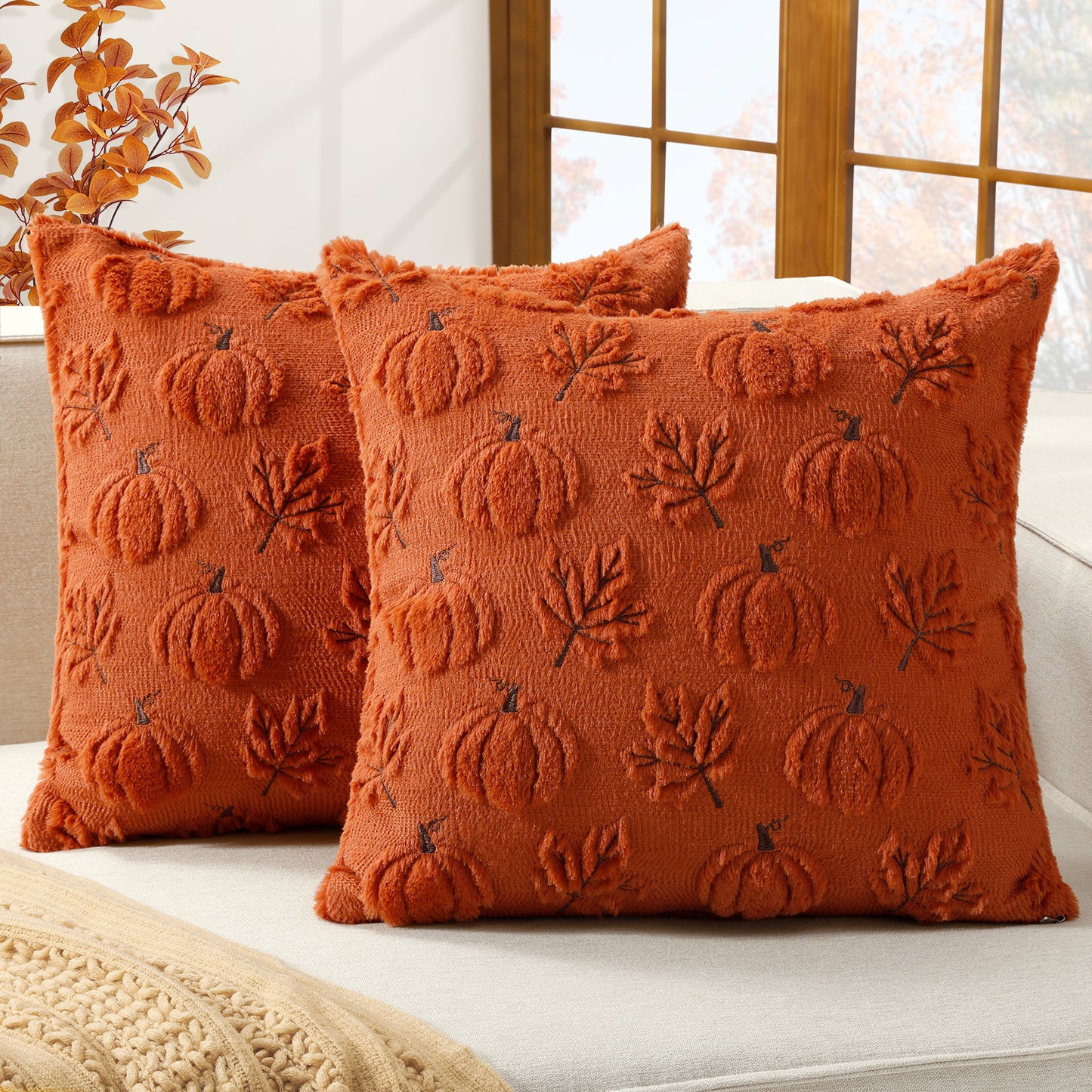 Thanksgiving Fall Harvest Pumpkin and Maple Leaf 3D Embroidery Pillowcases Cover in Rust