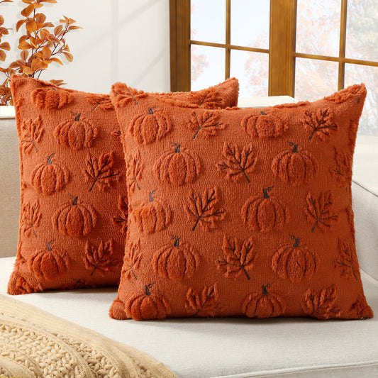 Thanksgiving Fall Harvest Pumpkin and Maple Leaf 3D Embroidery Pillowcases Cover in Rust