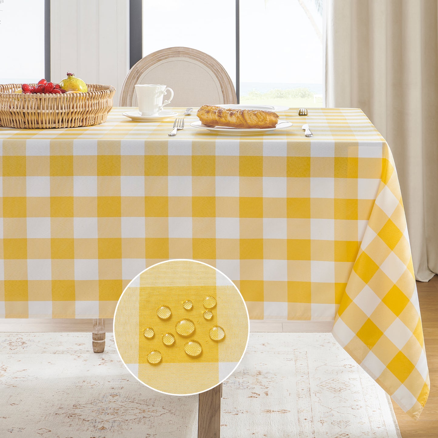 Polyester Waterproof And Stain Resistant Buffalo Check Tablecloth in Yellow and White