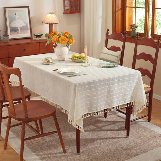Polyester linen blend horizontal stripe tassel tablecloth