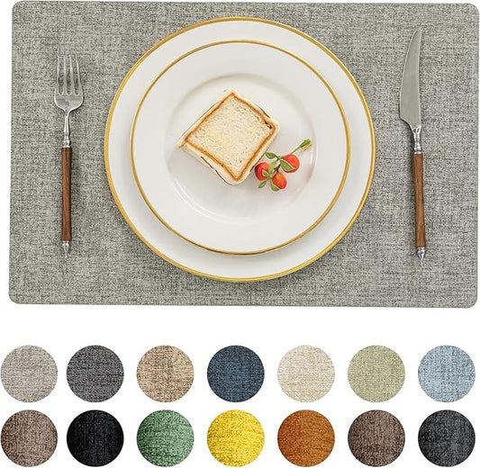 Polyurethane Linen-textured 100% Waterproof Oil-Proof Wipeable Heat Resistant Placemats Set in Light Grey