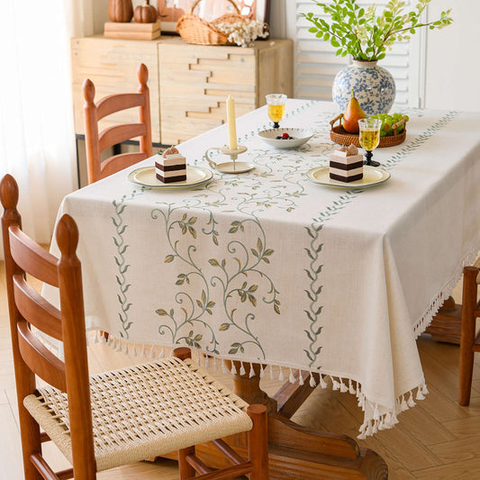 Polyester-Cotton Blend Embroidered Green Mimosa Tablecloth