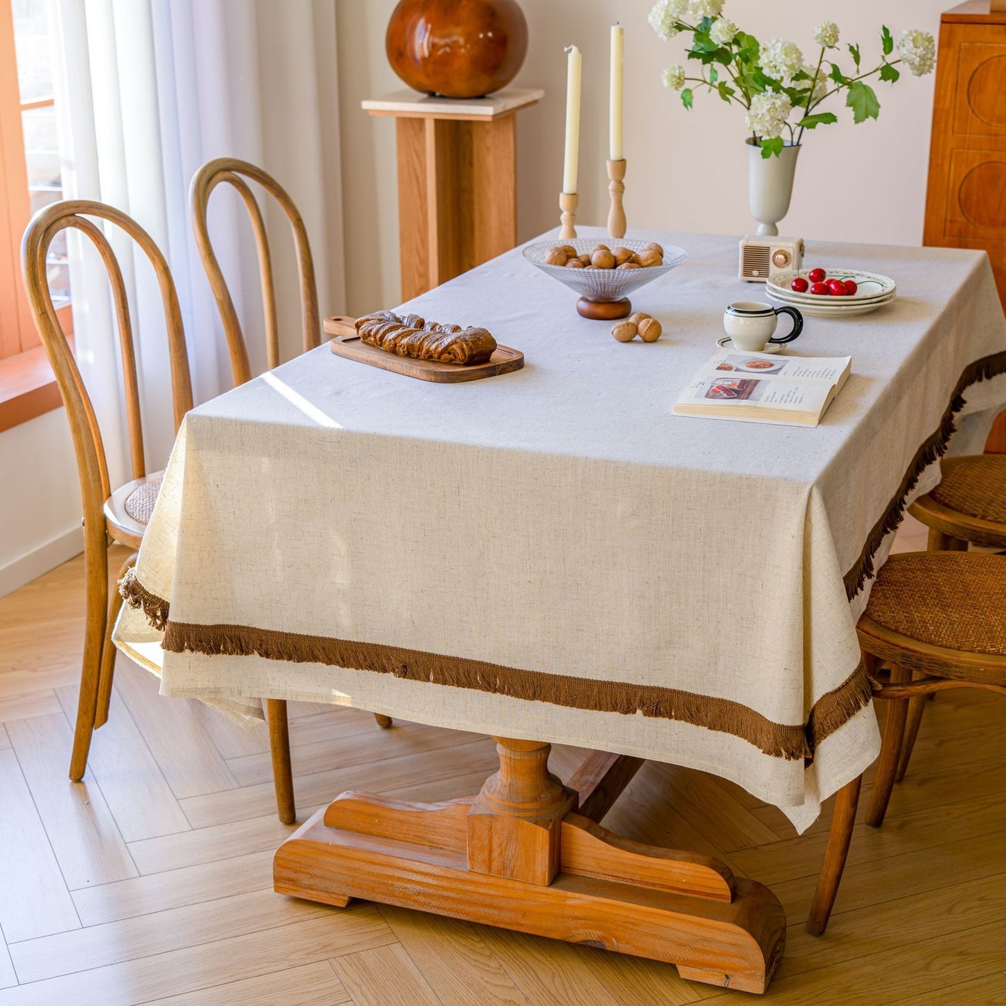 White Polyester Linen Tablecloth with Brown Tassel Lace