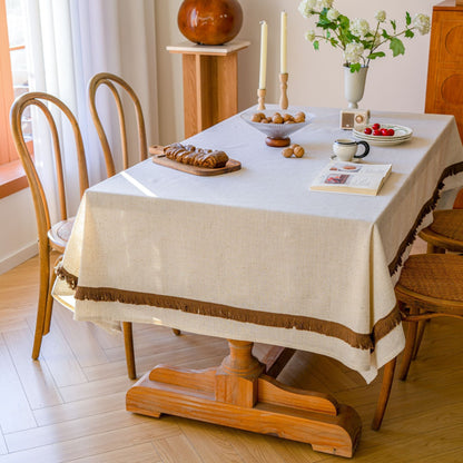 White Polyester Linen Tablecloth with Brown Tassel Lace