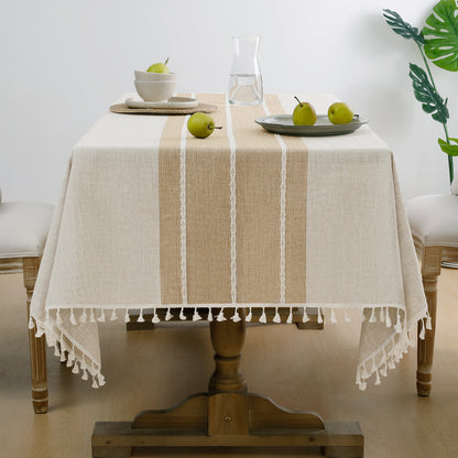 Wrinkle-Resistant and Waterproof Cotton Blend Tassel Tablecloth in Coffee Lines
