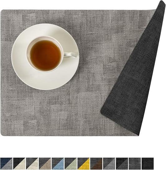 Polyurethane Linen-textured 100% Waterproof Oil-Proof Wipeable Heat Resistant Placemats Set in Dark Grey and Light Grey