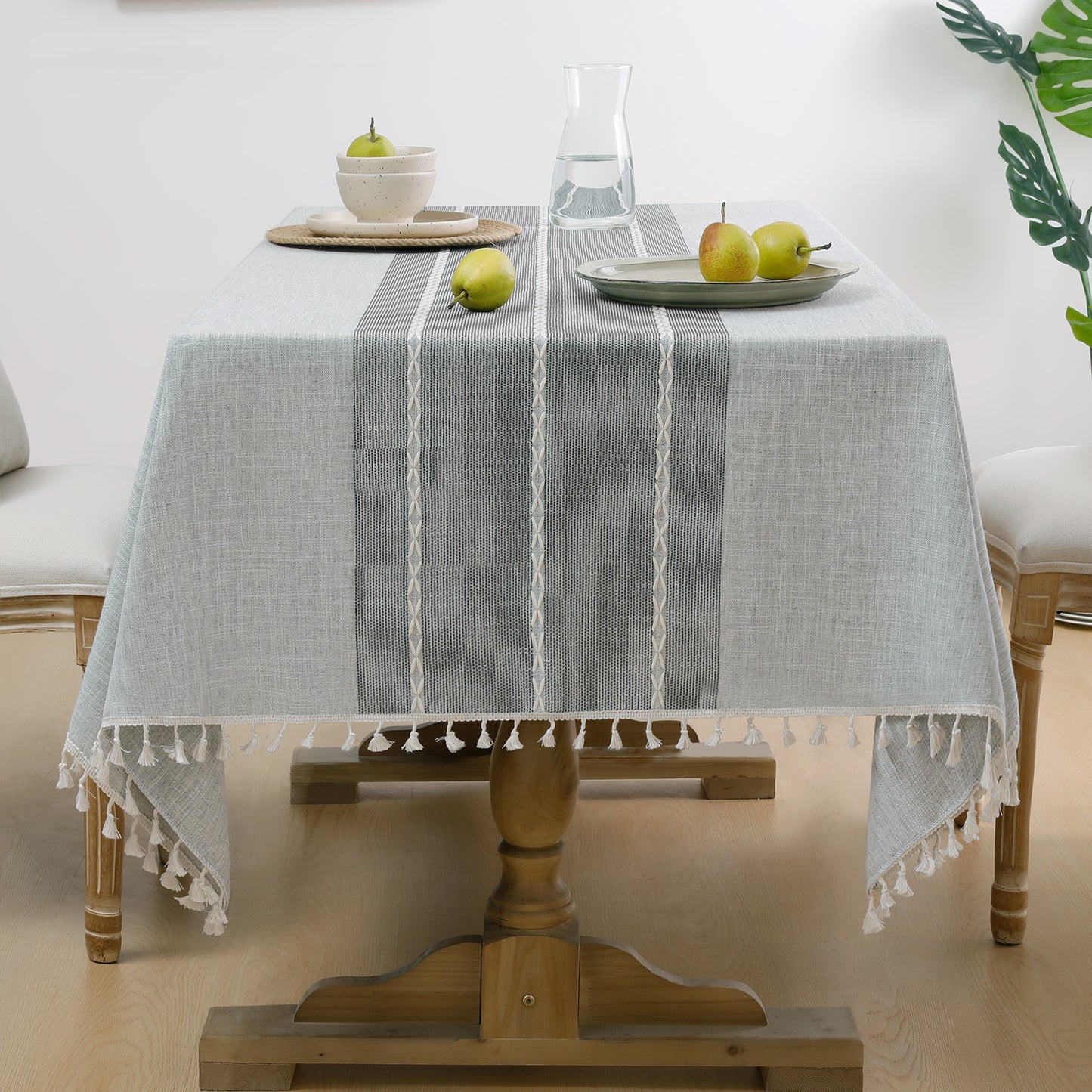 Wrinkle-Resistant and Waterproof Cotton Blend Tassel Tablecloth in Grey Lines