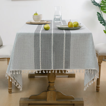 Wrinkle-Resistant and Waterproof Cotton Blend Tassel Tablecloth in Grey Lines