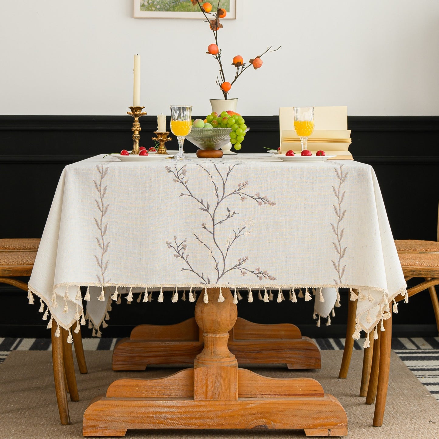 Cotton-Linen Embroidered Grey-beige Floral Tablecloth