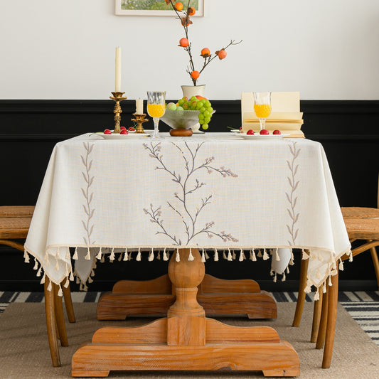 Cotton-Linen Embroidered Grey-beige Floral Tablecloth