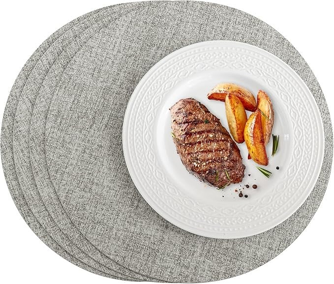 Polyurethane Linen-textured 100% Waterproof Oil-Proof Wipeable Heat Resistant Round Placemats Set in Light Grey