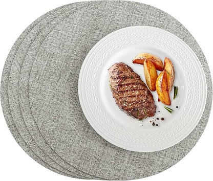 Polyurethane Linen-textured 100% Waterproof Oil-Proof Wipeable Heat Resistant Round Placemats Set in Light Grey