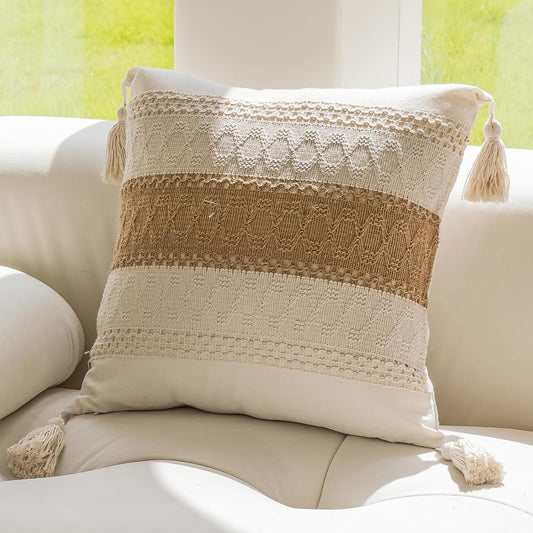 Bohemian neutral striped pillowcases with tassels