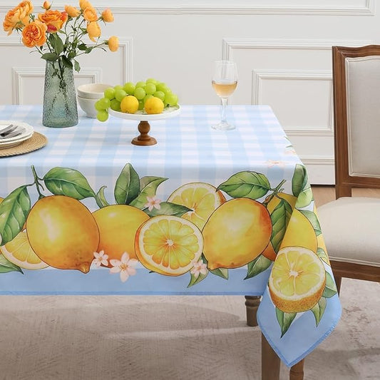 Polyester Lemon-patterned Tablecloth (with Blue background and White checks)
